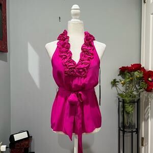 NEW Akiko Silk Ruffle Belted Longline V-Neck Pleated Sleeveless Halter Top S NWT